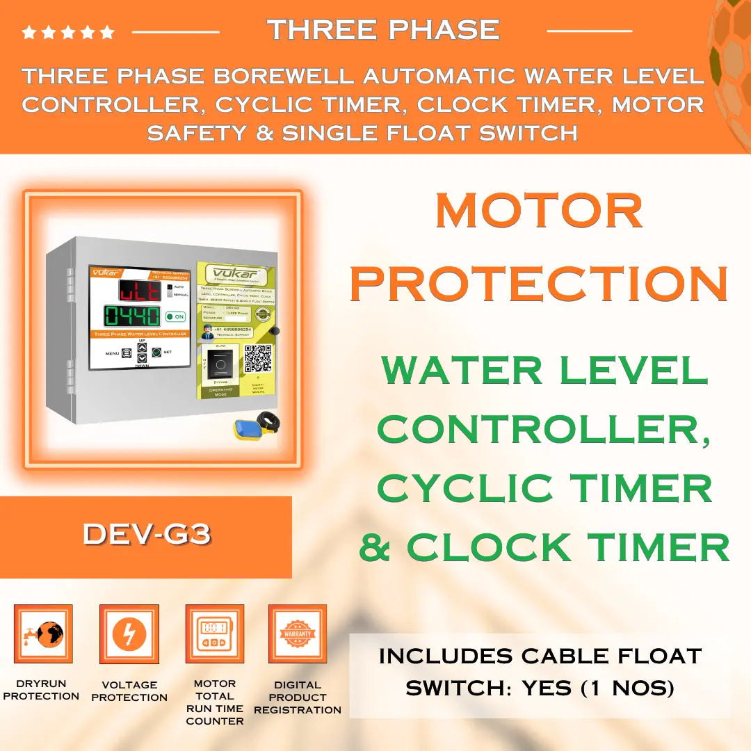 Three Phase Borewell Automatic Water Level Controller, Cyclic Timer, Clock Timer, Motor Safety & Single Float Switch (DEV-G3) VUKAR