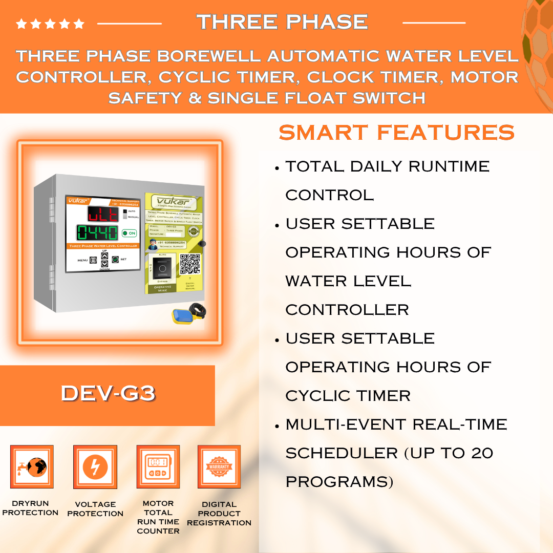 Three Phase Borewell Automatic Water Level Controller, Cyclic Timer, Clock Timer, Motor Safety & Single Float Switch (DEV-G3)