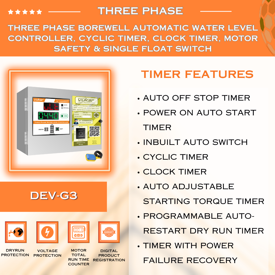 Three Phase Borewell Automatic Water Level Controller, Cyclic Timer, Clock Timer, Motor Safety & Single Float Switch (DEV-G3)