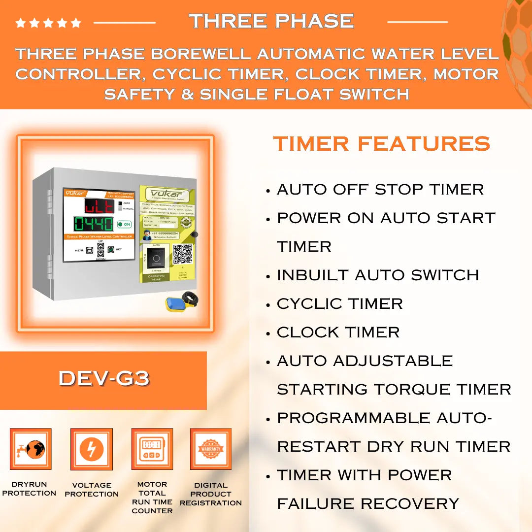Three Phase Borewell Automatic Water Level Controller, Cyclic Timer, Clock Timer, Motor Safety & Single Float Switch (DEV-G3) VUKAR