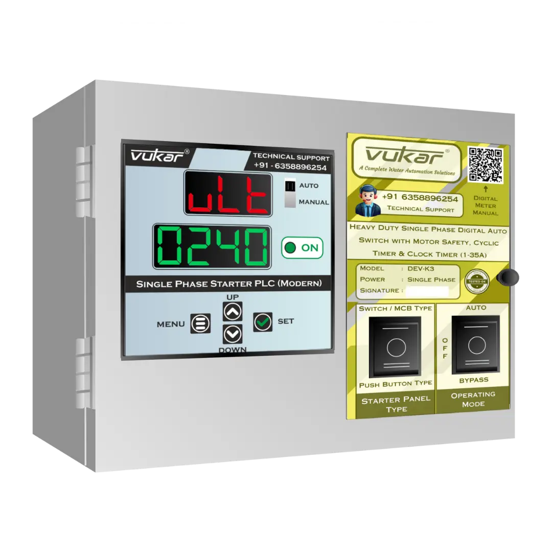 Heavy Duty Single Phase Digital Auto Switch with Motor Safety, Cyclic Timer & Clock Timer (1-35A) (DEV-K3) VUKAR