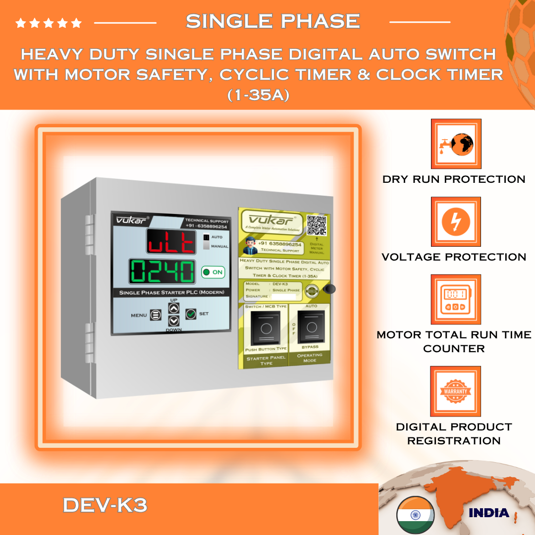 Heavy Duty Single Phase Digital Auto Switch with Motor Safety, Cyclic Timer & Clock Timer (1-35A) (DEV-K3)