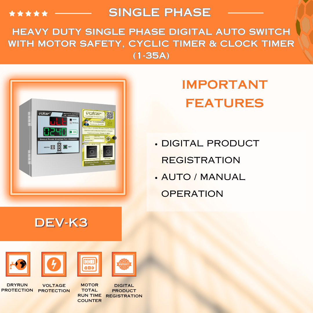 Heavy Duty Single Phase Digital Auto Switch with Motor Safety, Cyclic Timer & Clock Timer (1-35A) (DEV-K3)