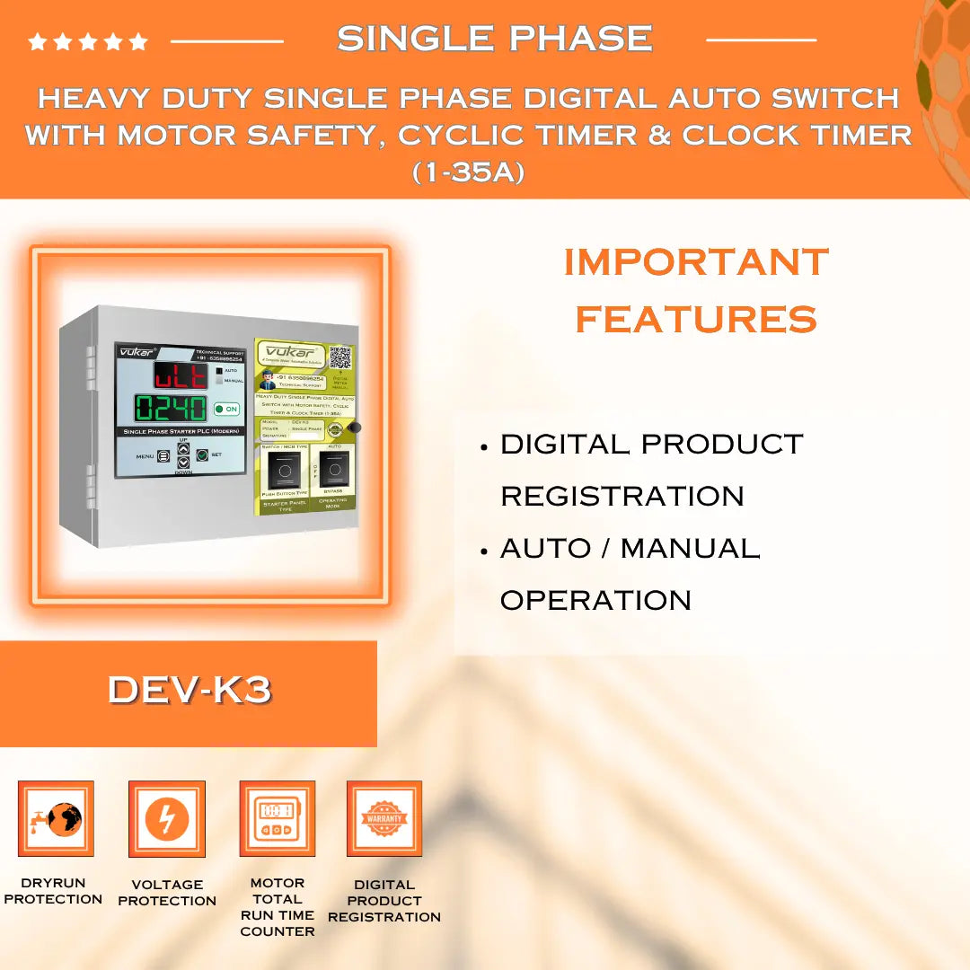 Heavy Duty Single Phase Digital Auto Switch with Motor Safety, Cyclic Timer & Clock Timer (1-35A) (DEV-K3) VUKAR