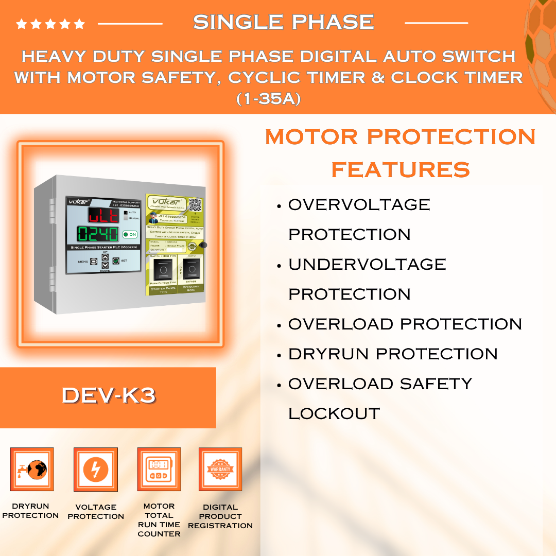 Heavy Duty Single Phase Digital Auto Switch with Motor Safety, Cyclic Timer & Clock Timer (1-35A) (DEV-K3)