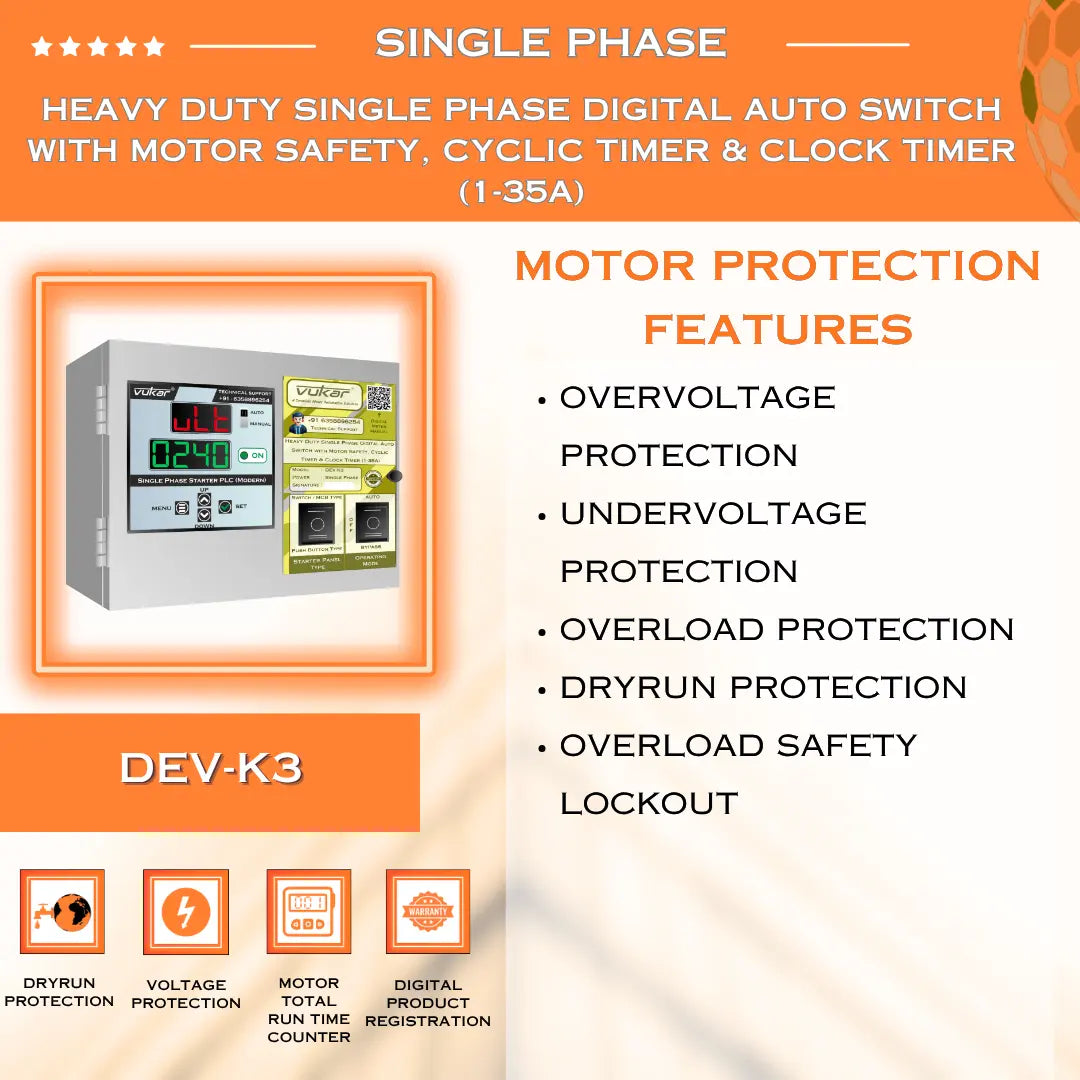 Heavy Duty Single Phase Digital Auto Switch with Motor Safety, Cyclic Timer & Clock Timer (1-35A) (DEV-K3) VUKAR