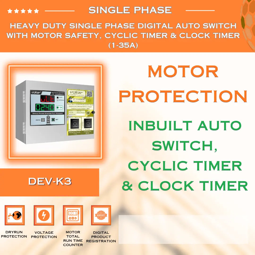 Heavy Duty Single Phase Digital Auto Switch with Motor Safety, Cyclic Timer & Clock Timer (1-35A) (DEV-K3) VUKAR