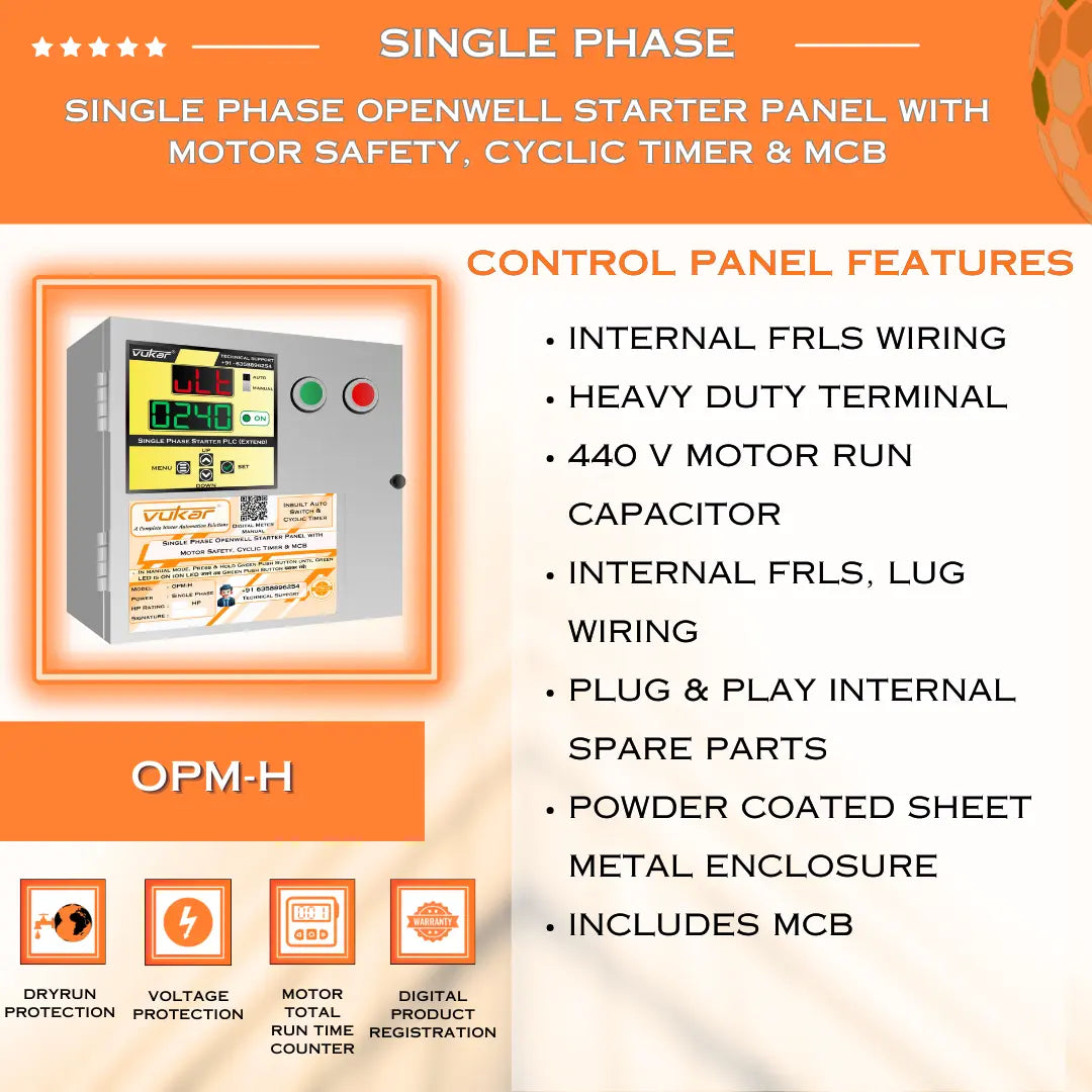 Single Phase Openwell Starter Panel with Motor Safety, Cyclic Timer & MCB (OPM-H) VUKAR