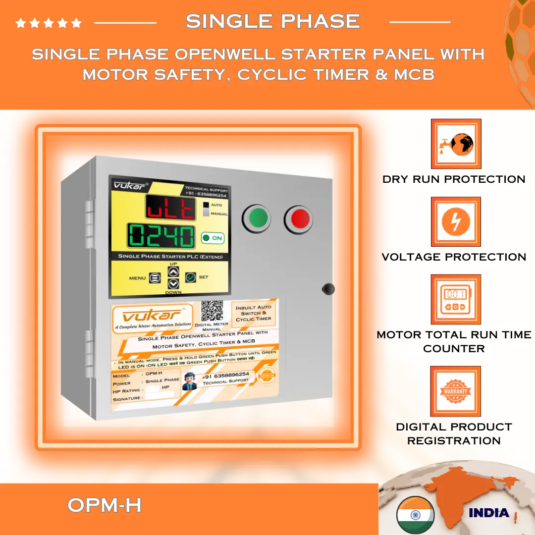 Single Phase Openwell Starter Panel with Motor Safety, Cyclic Timer & MCB (OPM-H) VUKAR