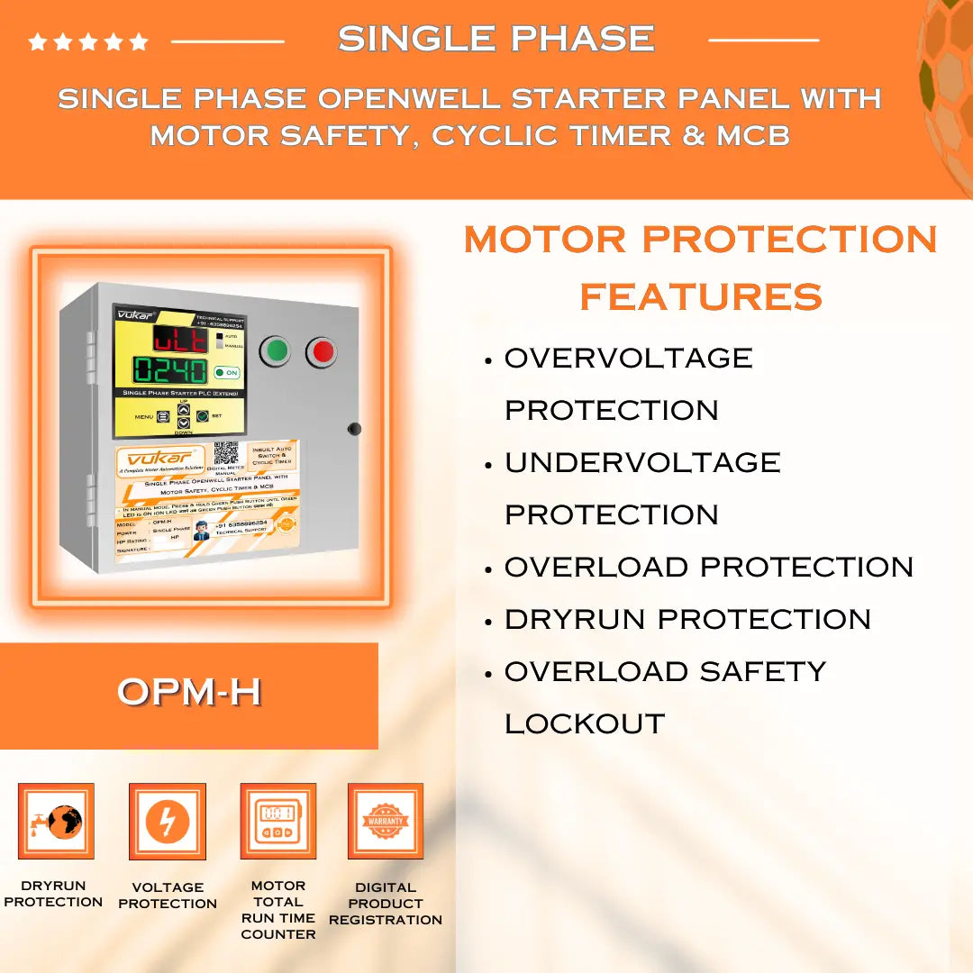 Single Phase Openwell Starter Panel with Motor Safety, Cyclic Timer & MCB (OPM-H) VUKAR