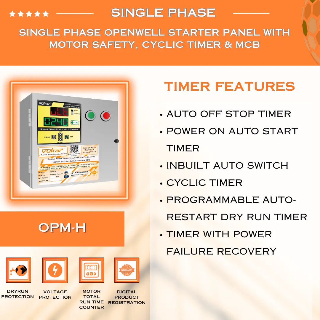 Single Phase Openwell Starter Panel with Motor Safety, Cyclic Timer & MCB (OPM-H) VUKAR