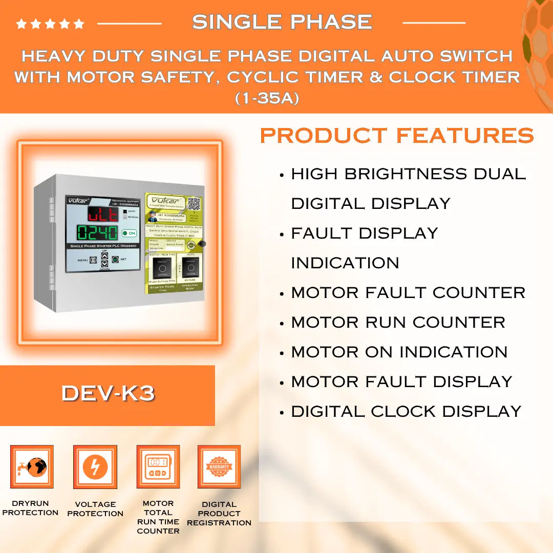 Heavy Duty Single Phase Digital Auto Switch with Motor Safety, Cyclic Timer & Clock Timer (1-35A) (DEV-K3) VUKAR