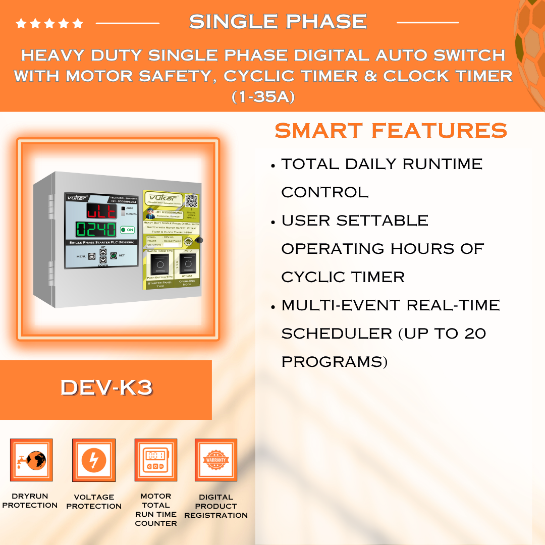 Heavy Duty Single Phase Digital Auto Switch with Motor Safety, Cyclic Timer & Clock Timer (1-35A) (DEV-K3)