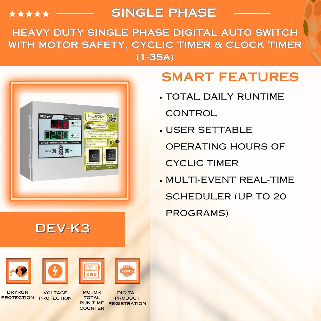Heavy Duty Single Phase Digital Auto Switch with Motor Safety, Cyclic Timer & Clock Timer (1-35A) (DEV-K3) VUKAR