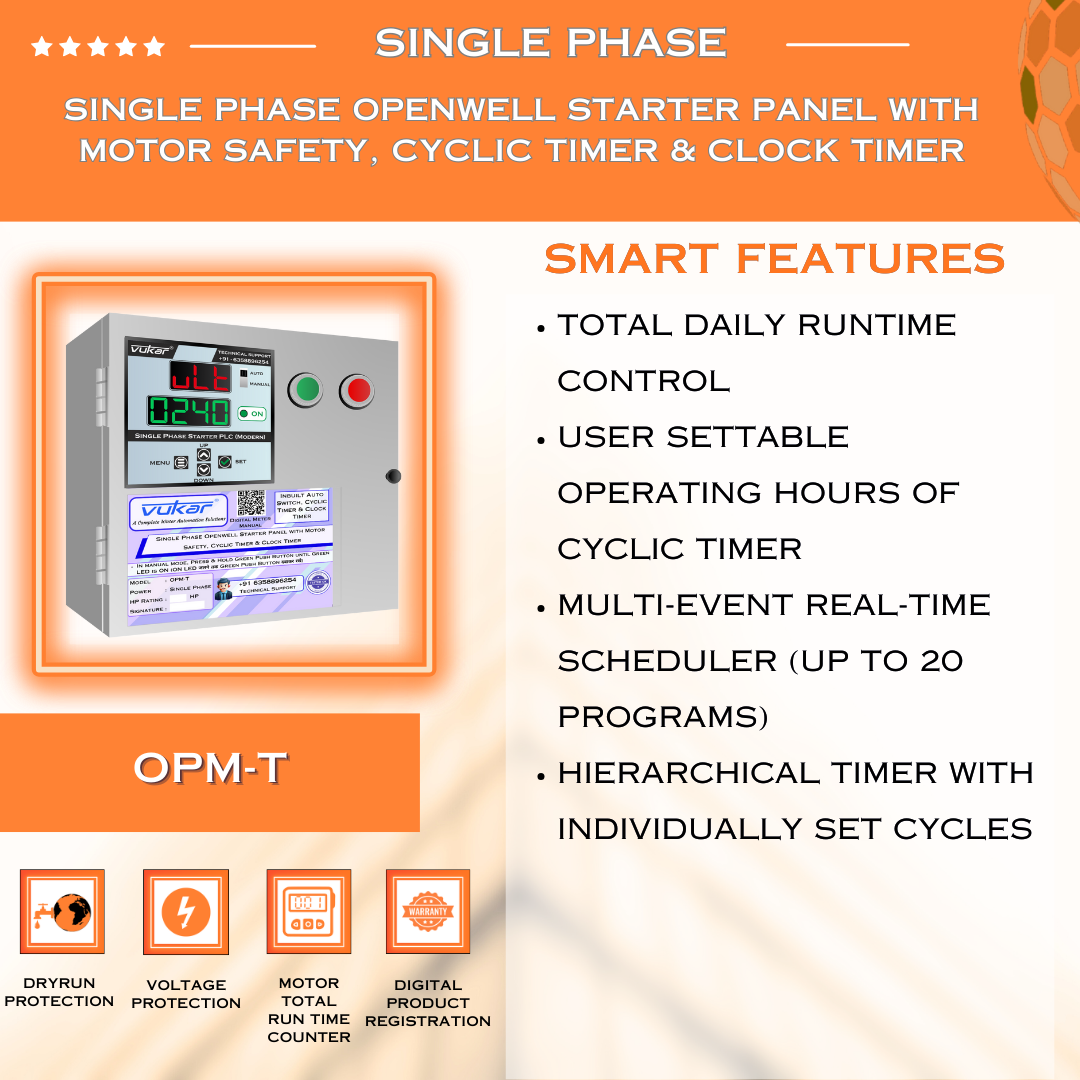 Single Phase Openwell Starter Panel with Motor Safety, Cyclic Timer & Clock Timer (OPM-T)
