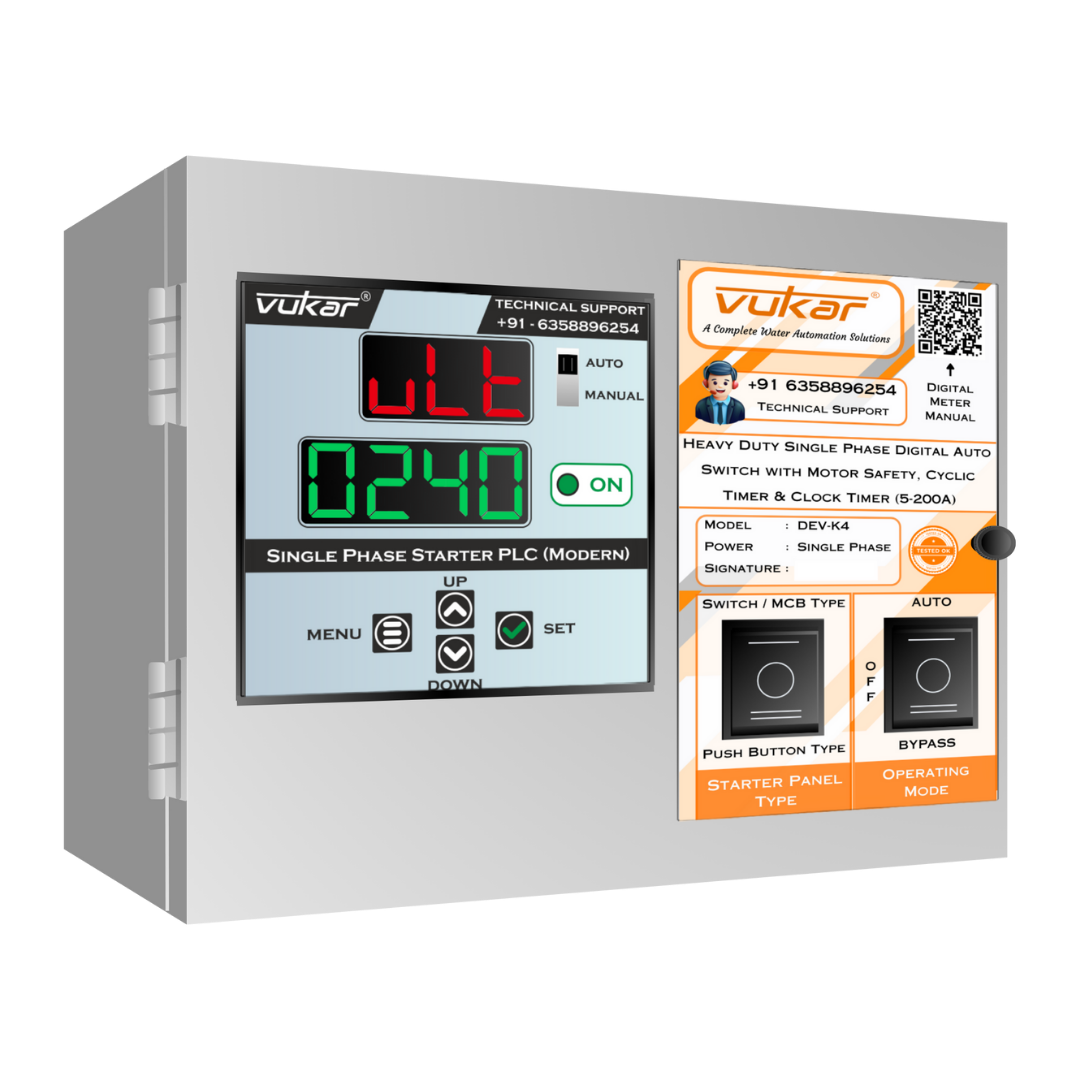 Heavy Duty Single Phase Digital Auto Switch with Motor Safety, Cyclic Timer & Clock Timer (5-200A) (DEV-K4)
