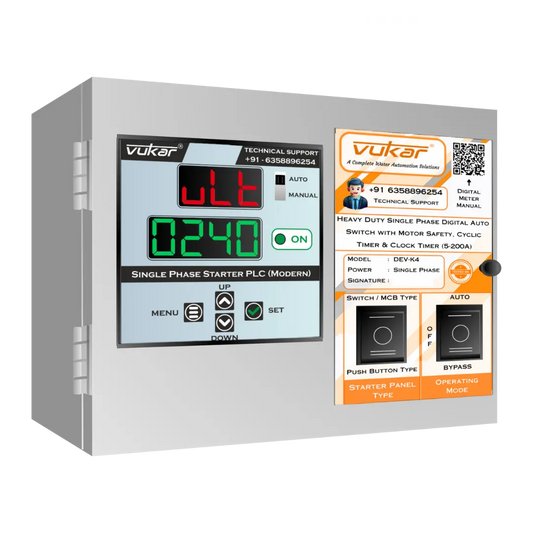 Heavy Duty Single Phase Digital Auto Switch with Motor Safety, Cyclic Timer & Clock Timer  (5-200A) (DEV-K4) VUKAR
