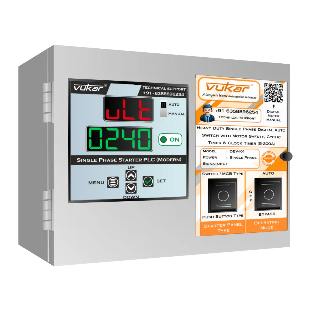 Heavy Duty Single Phase Digital Auto Switch with Motor Safety, Cyclic Timer & Clock Timer (5-200A) (DEV-K4) VUKAR
