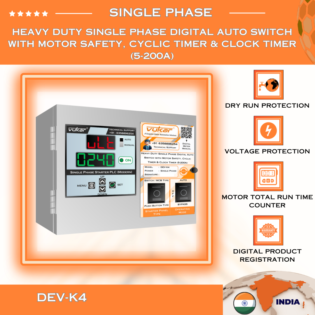 Heavy Duty Single Phase Digital Auto Switch with Motor Safety, Cyclic Timer & Clock Timer (5-200A) (DEV-K4)