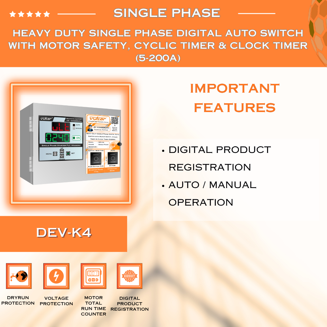 Heavy Duty Single Phase Digital Auto Switch with Motor Safety, Cyclic Timer & Clock Timer (5-200A) (DEV-K4)