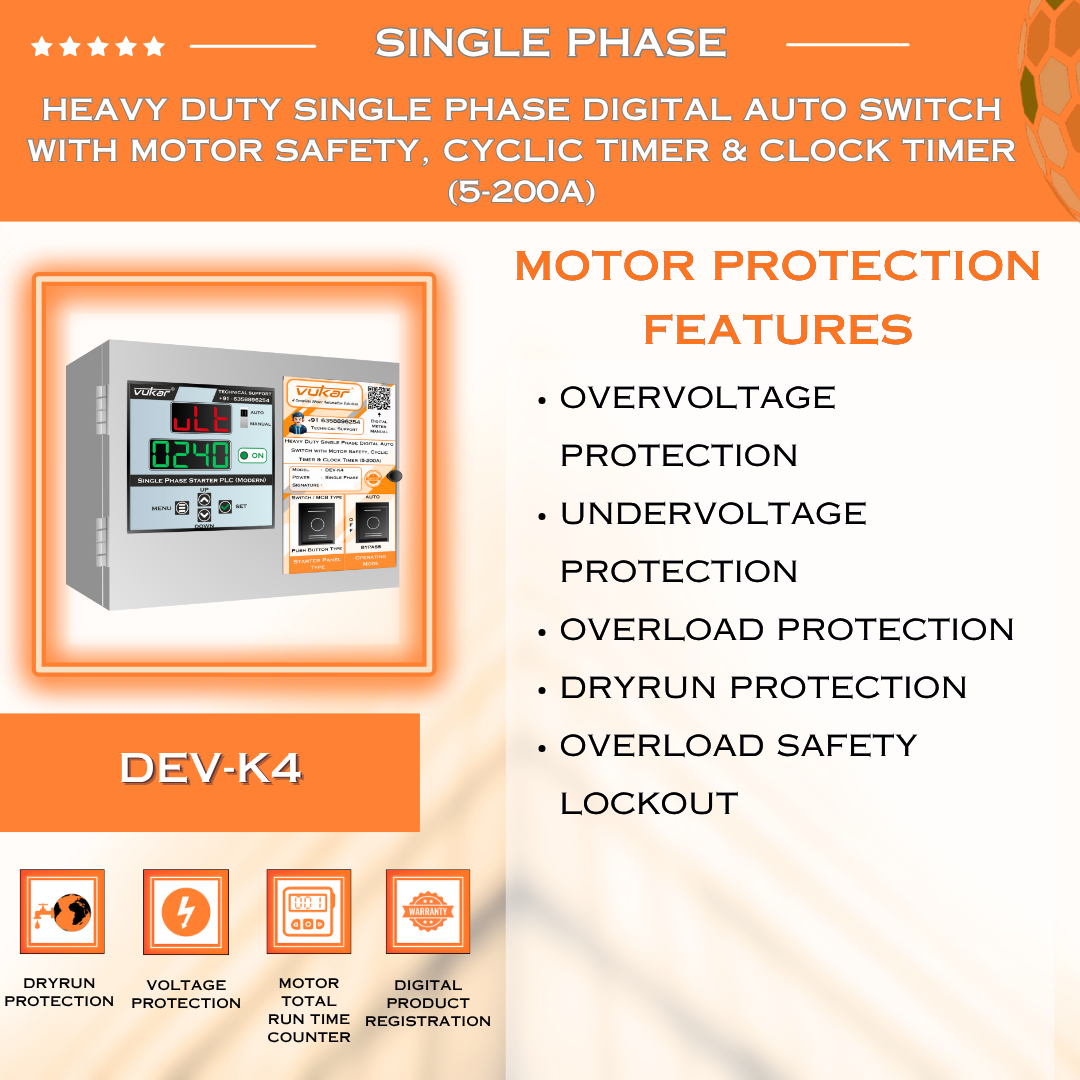 Heavy Duty Single Phase Digital Auto Switch with Motor Safety, Cyclic Timer & Clock Timer (5-200A) (DEV-K4)