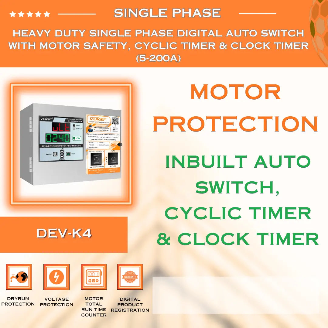 Heavy Duty Single Phase Digital Auto Switch with Motor Safety, Cyclic Timer & Clock Timer  (5-200A) (DEV-K4) VUKAR