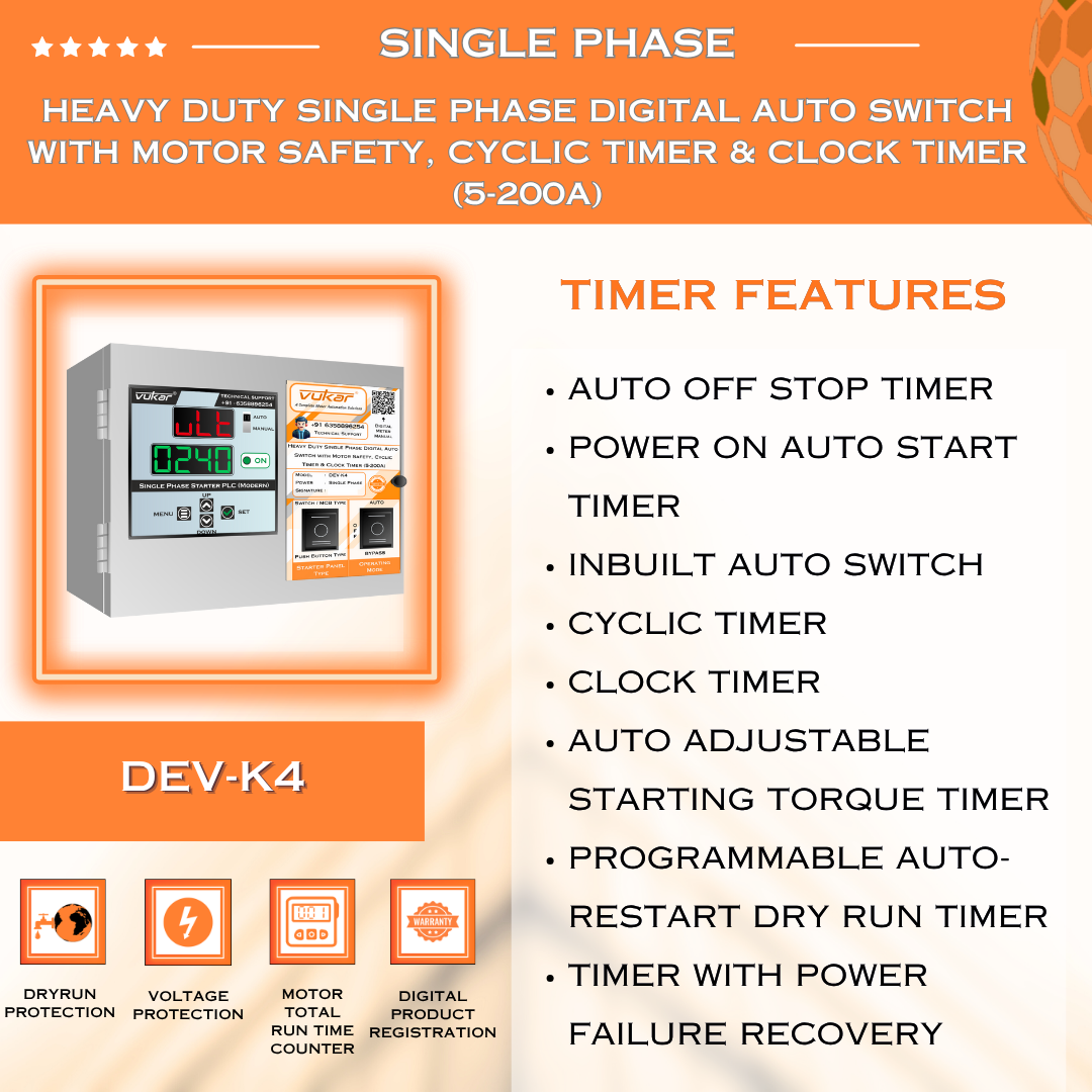 Heavy Duty Single Phase Digital Auto Switch with Motor Safety, Cyclic Timer & Clock Timer (5-200A) (DEV-K4)