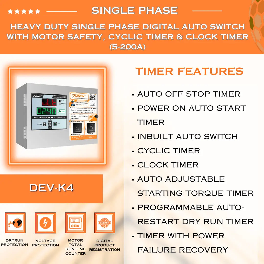 Heavy Duty Single Phase Digital Auto Switch with Motor Safety, Cyclic Timer & Clock Timer  (5-200A) (DEV-K4) VUKAR