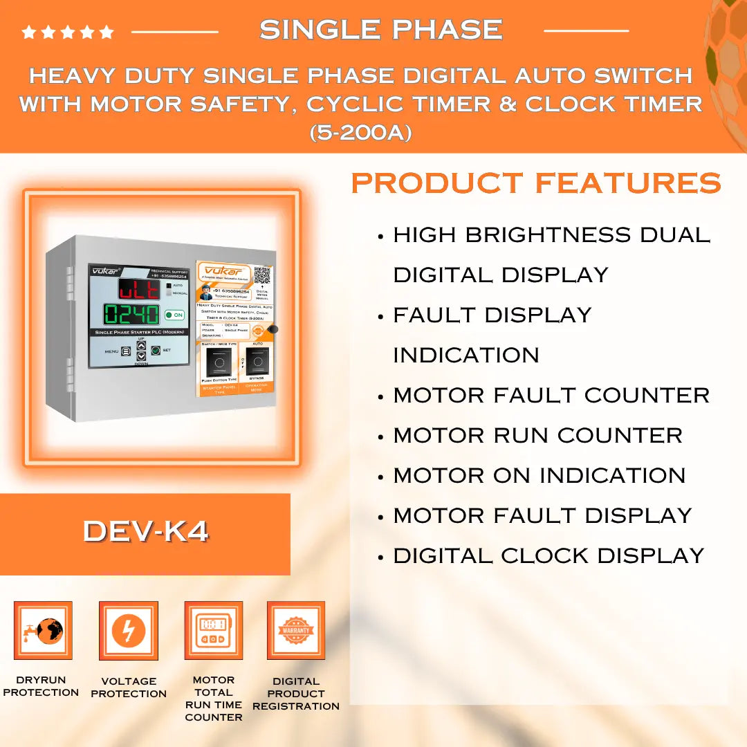 Heavy Duty Single Phase Digital Auto Switch with Motor Safety, Cyclic Timer & Clock Timer  (5-200A) (DEV-K4) VUKAR