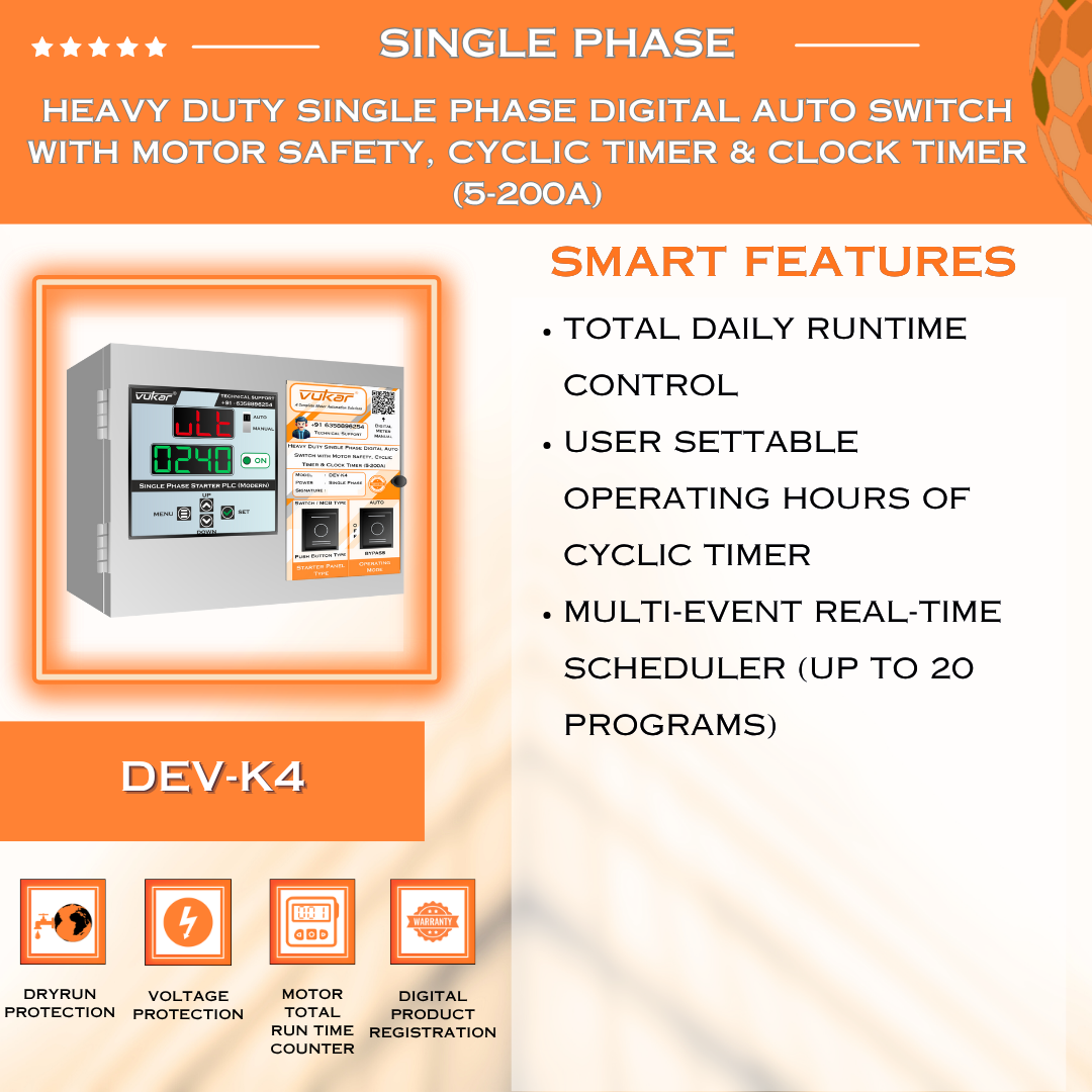 Heavy Duty Single Phase Digital Auto Switch with Motor Safety, Cyclic Timer & Clock Timer (5-200A) (DEV-K4)