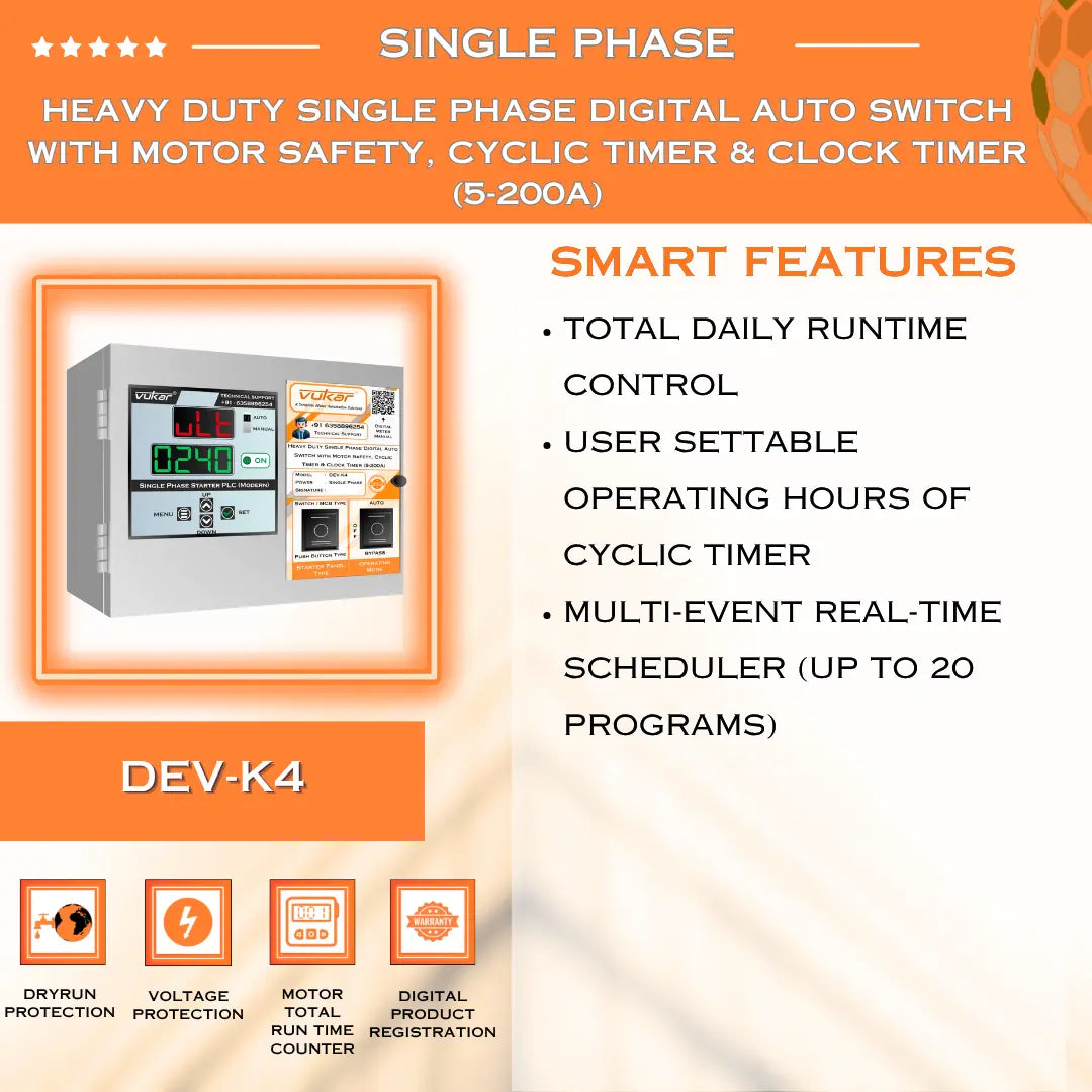 Heavy Duty Single Phase Digital Auto Switch with Motor Safety, Cyclic Timer & Clock Timer  (5-200A) (DEV-K4) VUKAR