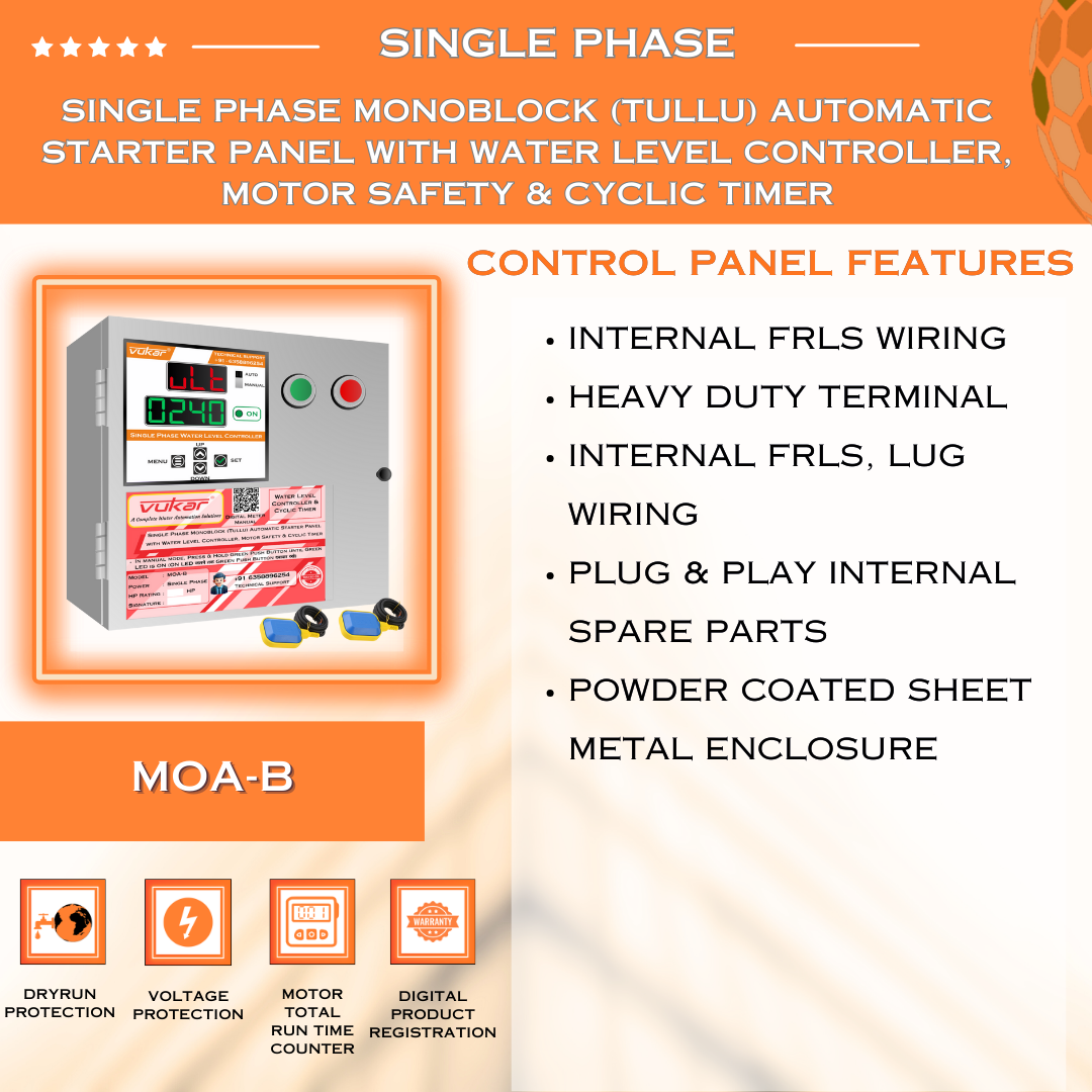 Single Phase Monoblock (Tullu) Automatic Starter Panel with Water Level Controller, Motor Safety & Cyclic Timer (MOA-B)