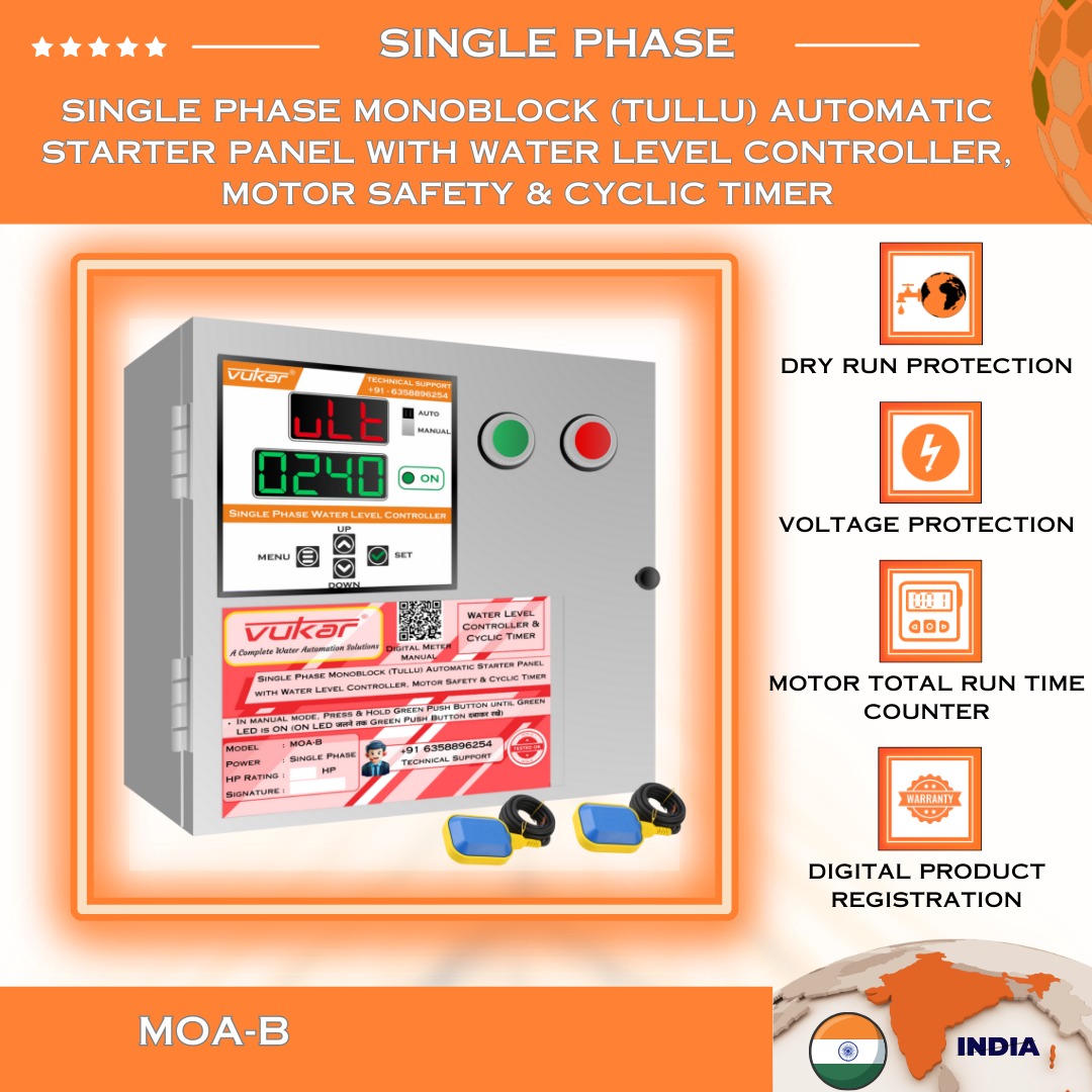 Single Phase Monoblock (Tullu) Automatic Starter Panel with Water Level Controller, Motor Safety & Cyclic Timer (MOA-B)