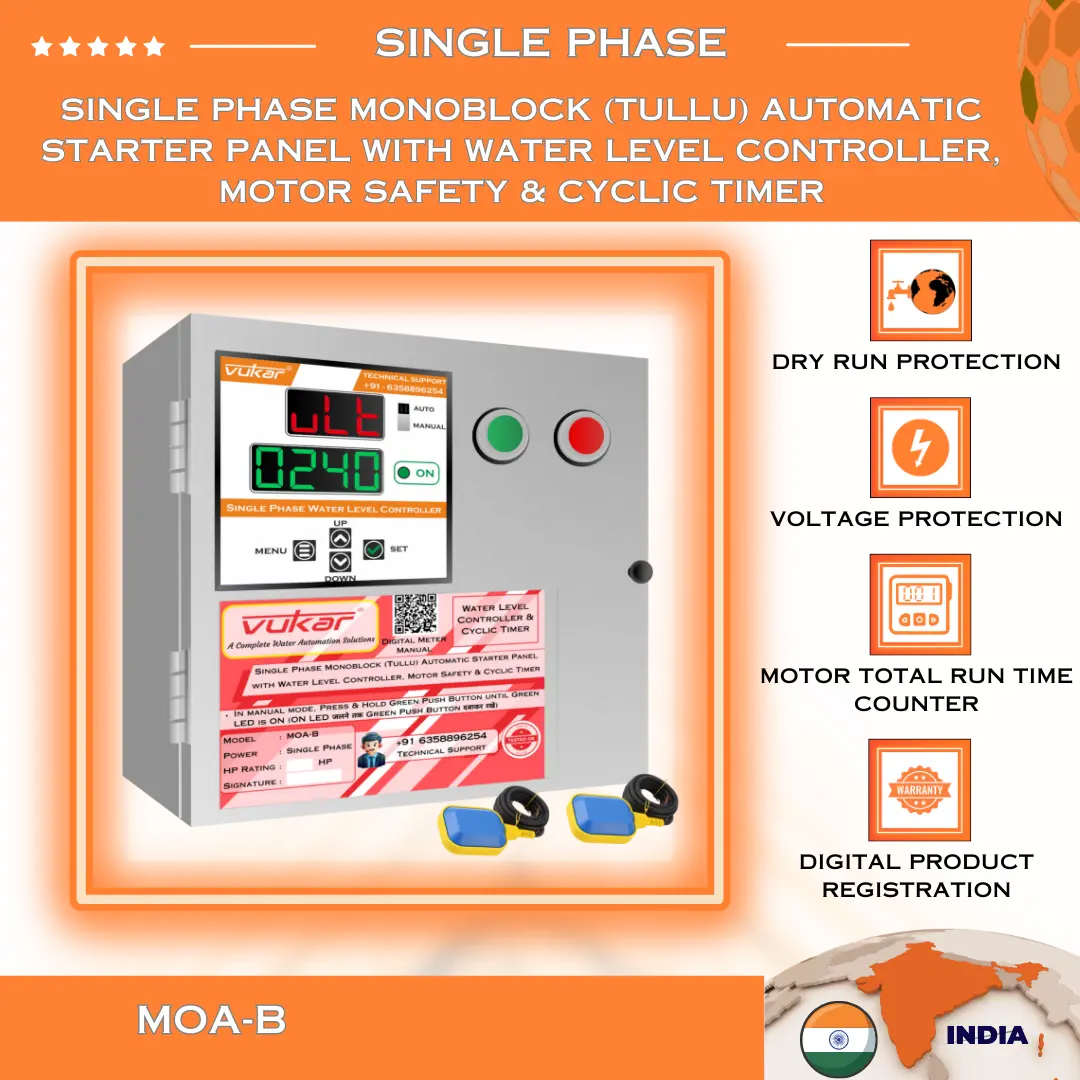 Single Phase Monoblock (Tullu) Automatic Starter Panel with Water Level Controller, Motor Safety & Cyclic Timer (MOA-B) VUKAR