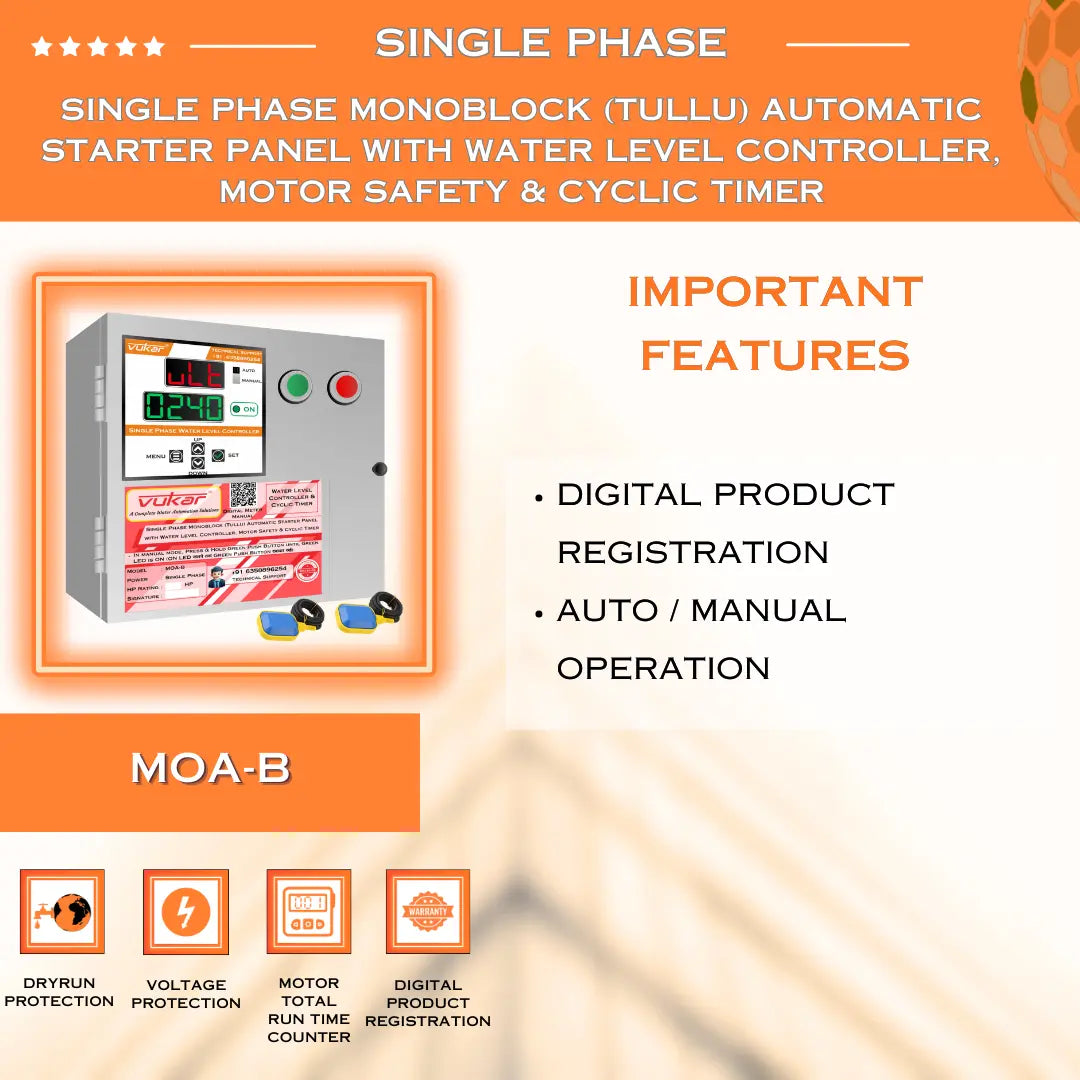 Single Phase Monoblock (Tullu) Automatic Starter Panel with Water Level Controller, Motor Safety & Cyclic Timer (MOA-B) VUKAR