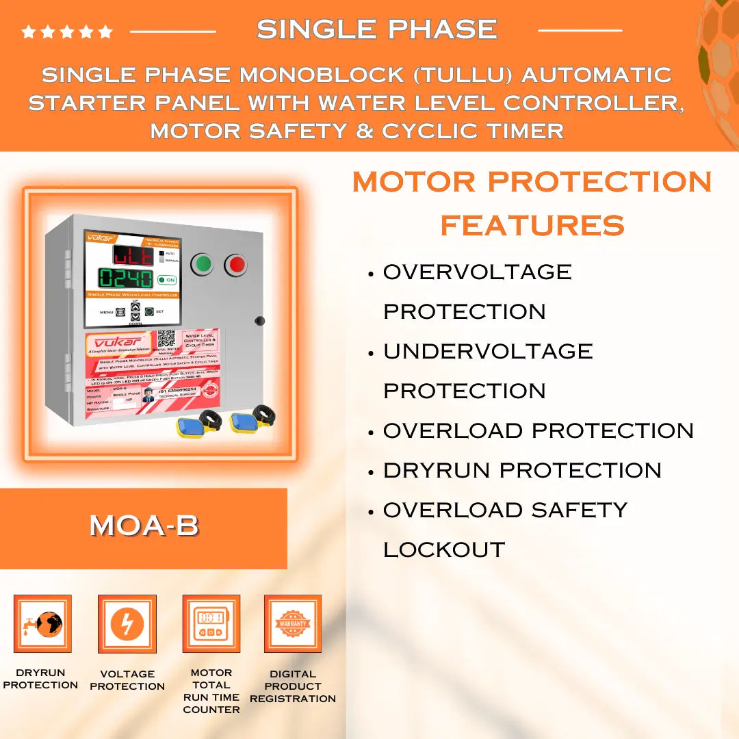Single Phase Monoblock (Tullu) Automatic Starter Panel with Water Level Controller, Motor Safety & Cyclic Timer (MOA-B) VUKAR