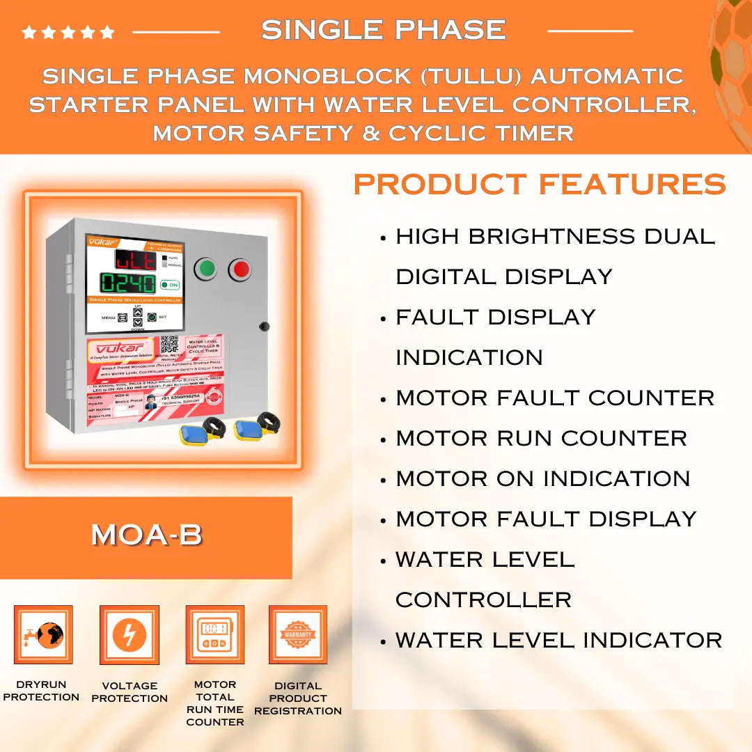 Single Phase Monoblock (Tullu) Automatic Starter Panel with Water Level Controller, Motor Safety & Cyclic Timer (MOA-B) VUKAR