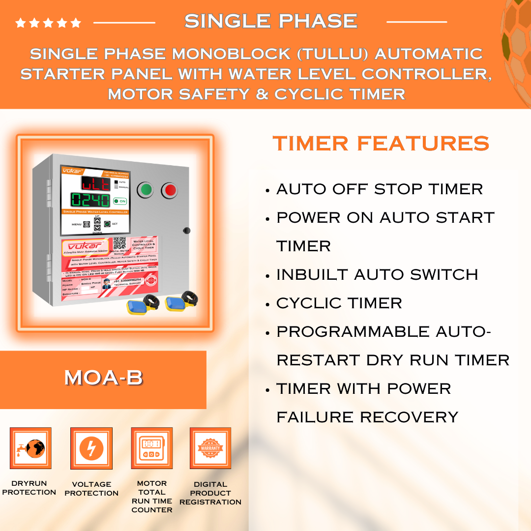 Single Phase Monoblock (Tullu) Automatic Starter Panel with Water Level Controller, Motor Safety & Cyclic Timer (MOA-B)