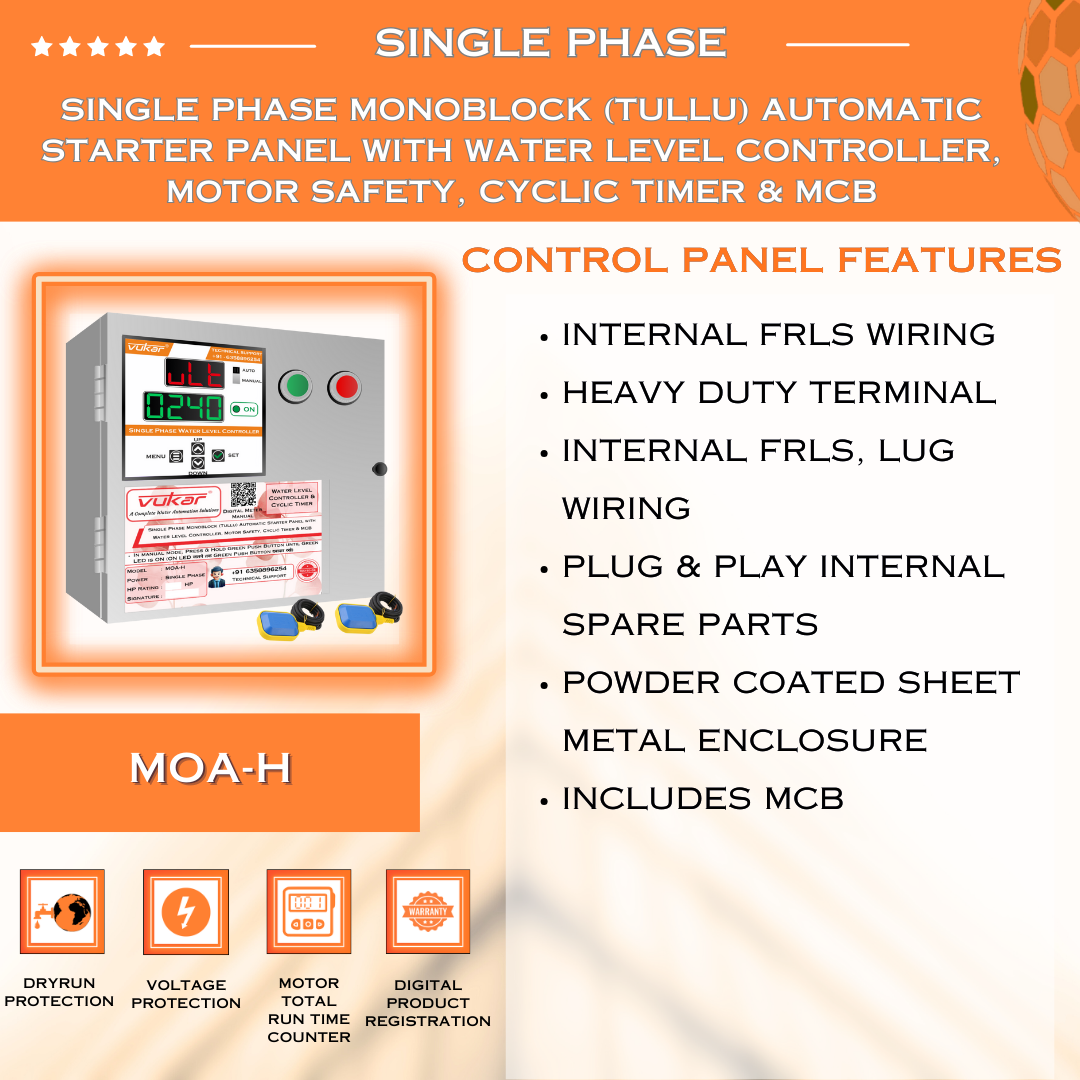 Single Phase Monoblock (Tullu) Automatic Starter Panel with Water Level Controller, Motor Safety, Cyclic Timer & MCB (MOA-H)