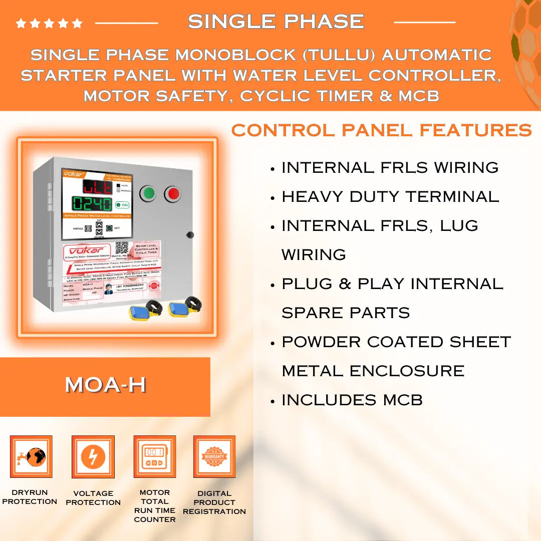 Single Phase Monoblock (Tullu) Automatic Starter Panel with Water Level Controller, Motor Safety, Cyclic Timer & MCB (MOA-H) VUKAR