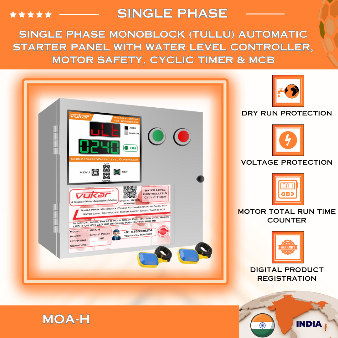 Single Phase Monoblock (Tullu) Automatic Starter Panel with Water Level Controller, Motor Safety, Cyclic Timer & MCB (MOA-H)