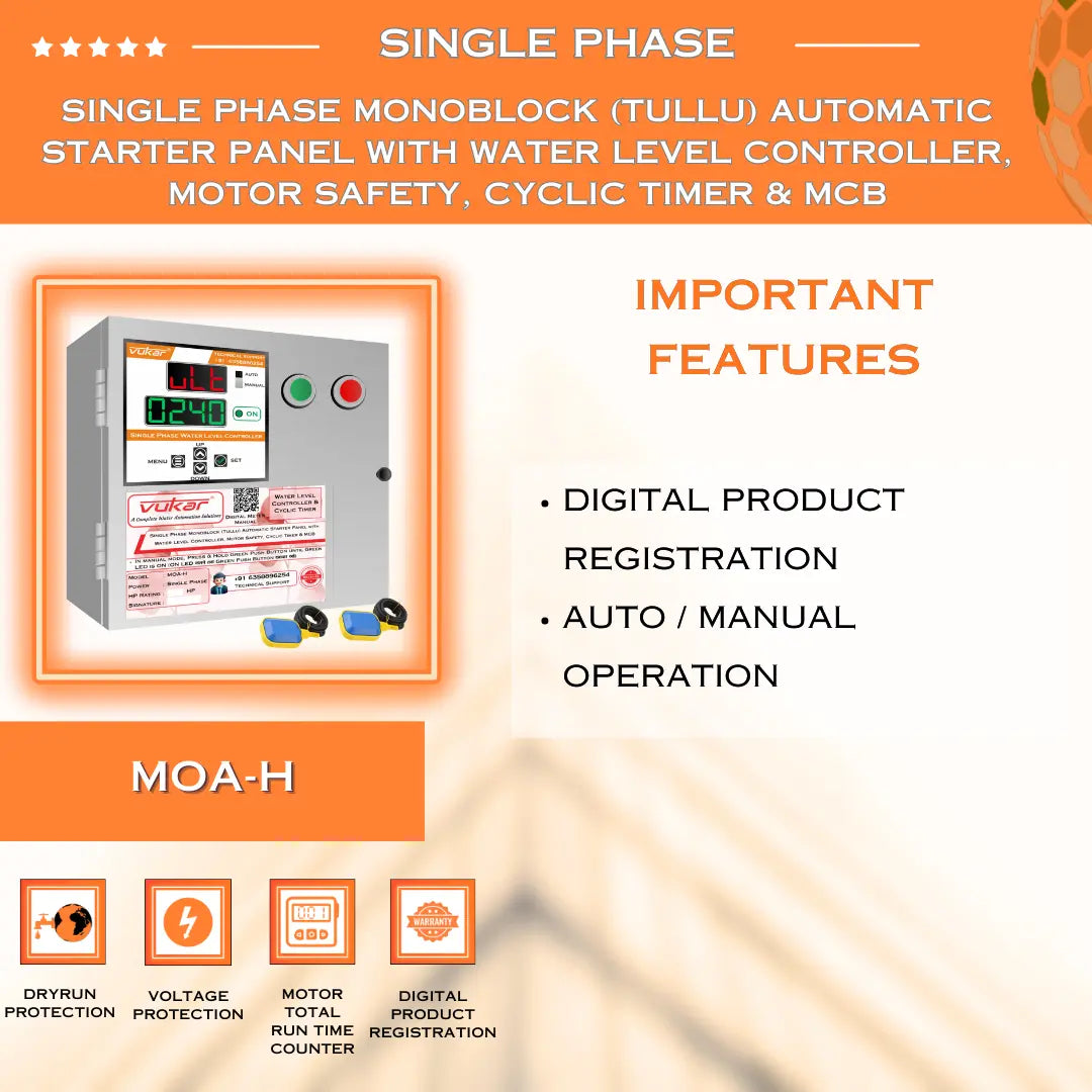 Single Phase Monoblock (Tullu) Automatic Starter Panel with Water Level Controller, Motor Safety, Cyclic Timer & MCB (MOA-H) VUKAR
