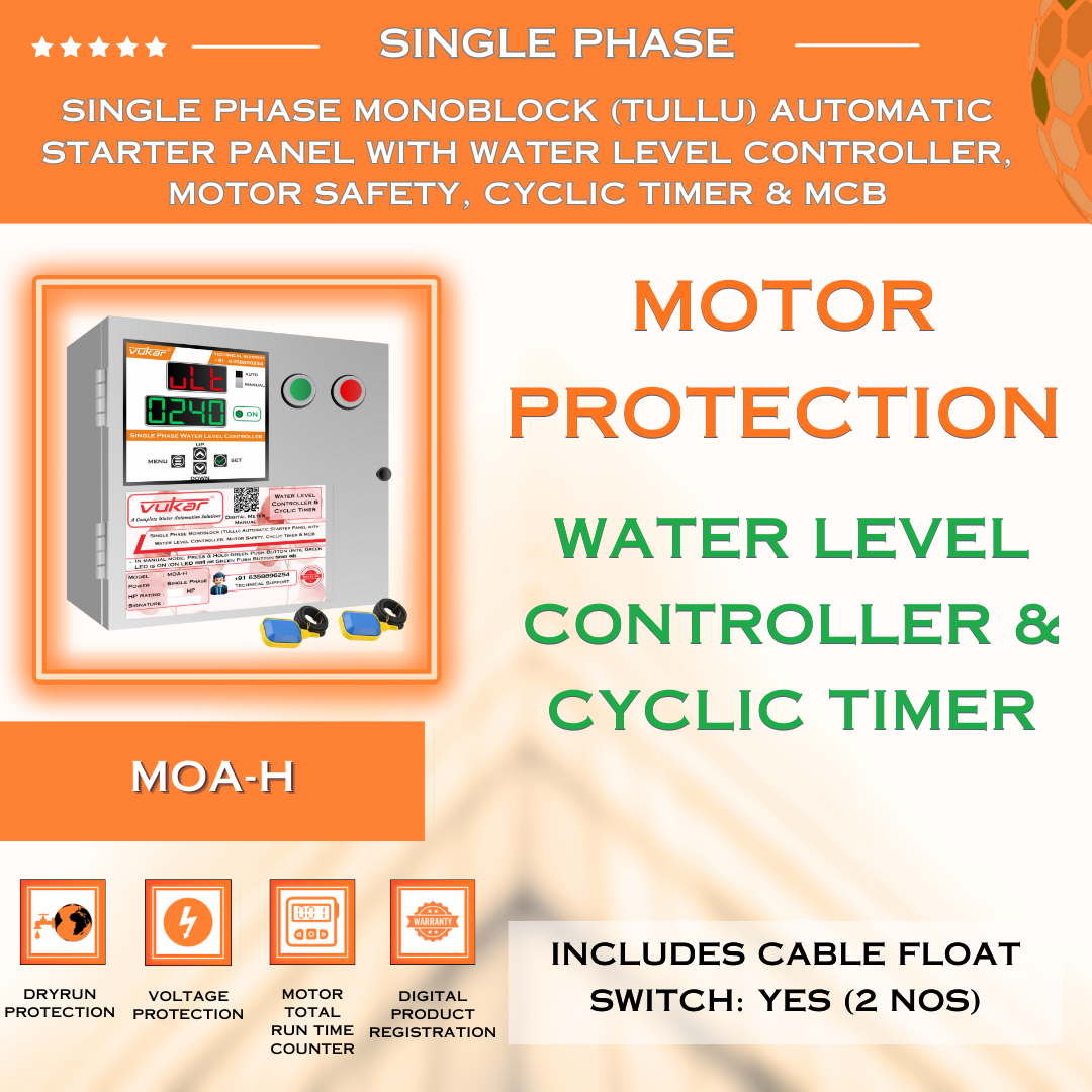 Single Phase Monoblock (Tullu) Automatic Starter Panel with Water Level Controller, Motor Safety, Cyclic Timer & MCB (MOA-H)