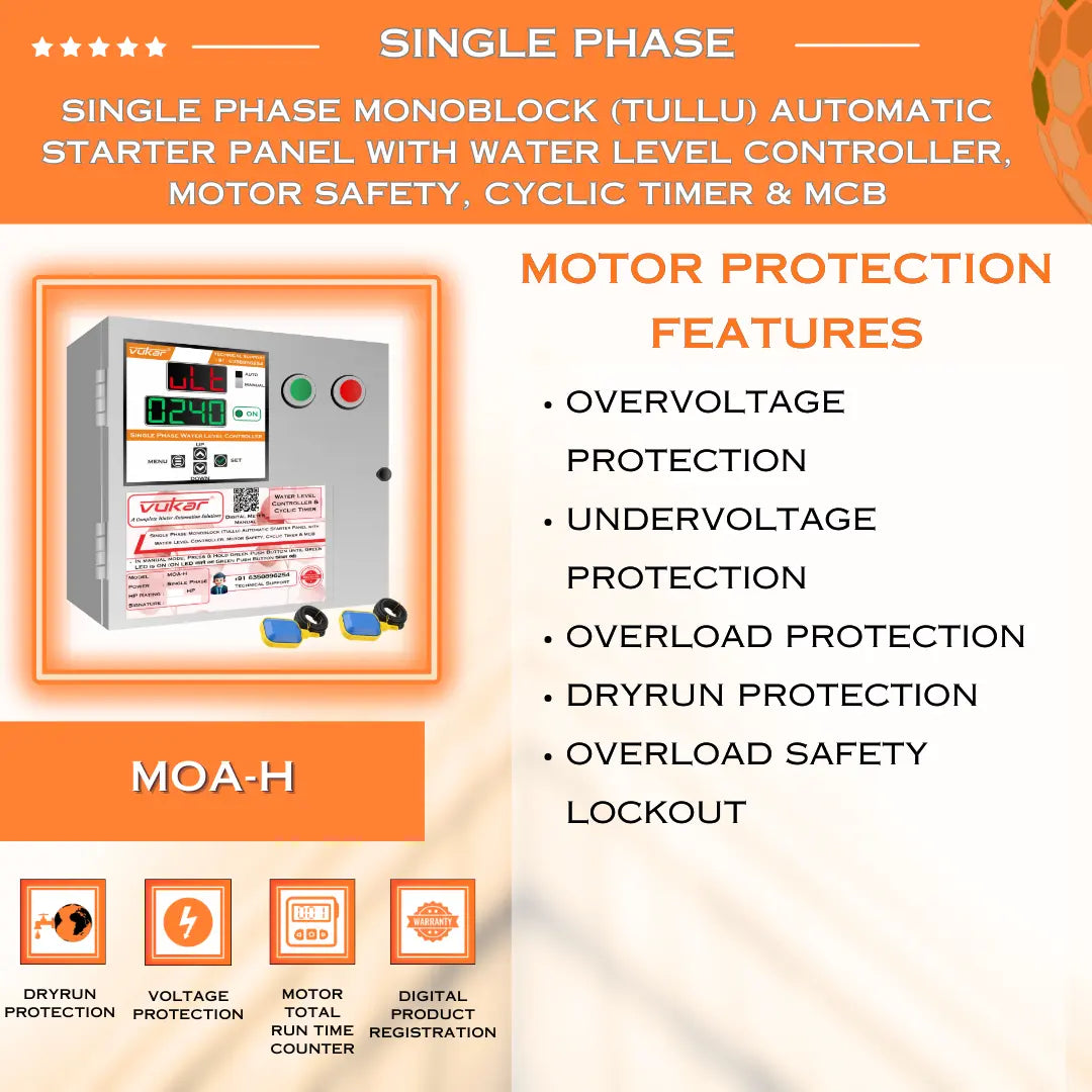 Single Phase Monoblock (Tullu) Automatic Starter Panel with Water Level Controller, Motor Safety, Cyclic Timer & MCB (MOA-H) VUKAR
