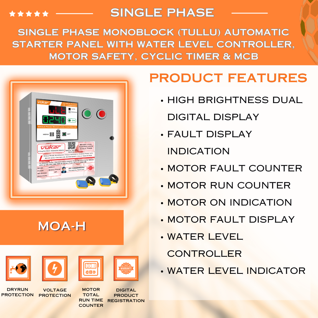 Single Phase Monoblock (Tullu) Automatic Starter Panel with Water Level Controller, Motor Safety, Cyclic Timer & MCB (MOA-H)