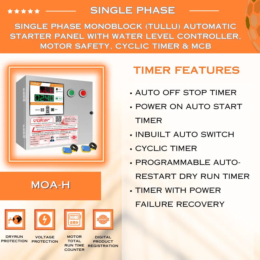 Single Phase Monoblock (Tullu) Automatic Starter Panel with Water Level Controller, Motor Safety, Cyclic Timer & MCB (MOA-H) VUKAR