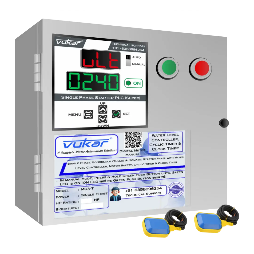 Single Phase Monoblock (Tullu) Automatic Starter Panel with Water Level Controller, Motor Safety, Cyclic Timer & Clock Timer (MOA-T) VUKAR