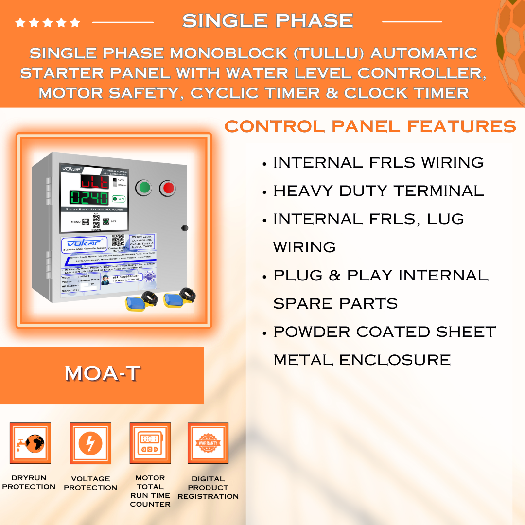 Single Phase Monoblock (Tullu) Automatic Starter Panel with Water Level Controller, Motor Safety, Cyclic Timer & Clock Timer (MOA-T)