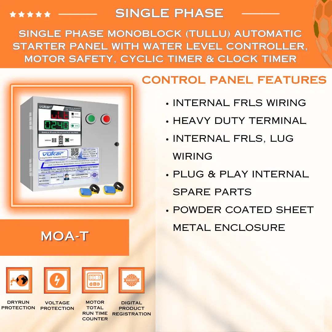 Single Phase Monoblock (Tullu) Automatic Starter Panel with Water Level Controller, Motor Safety, Cyclic Timer & Clock Timer (MOA-T) VUKAR