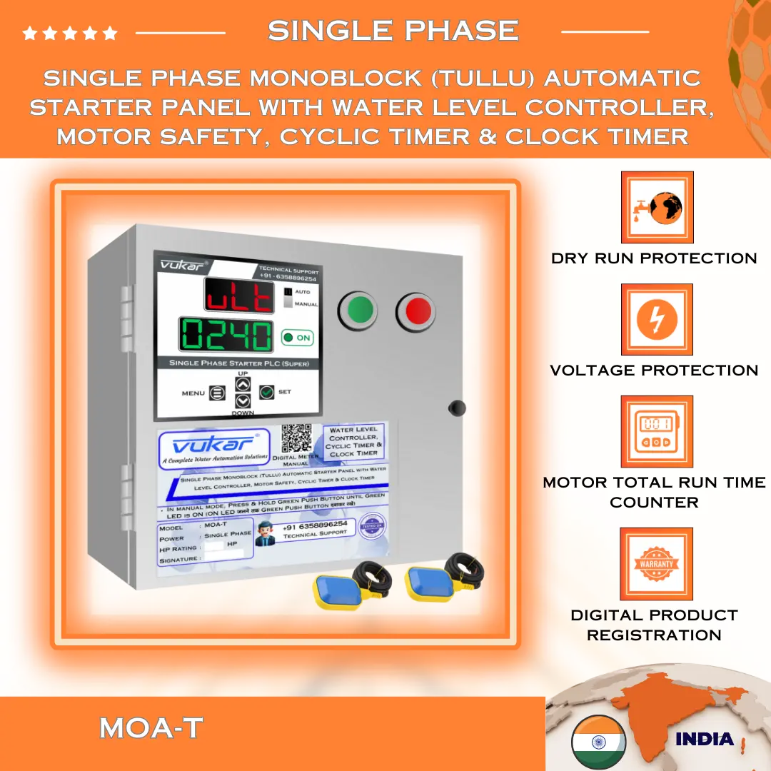 Single Phase Monoblock (Tullu) Automatic Starter Panel with Water Level Controller, Motor Safety, Cyclic Timer & Clock Timer (MOA-T) VUKAR